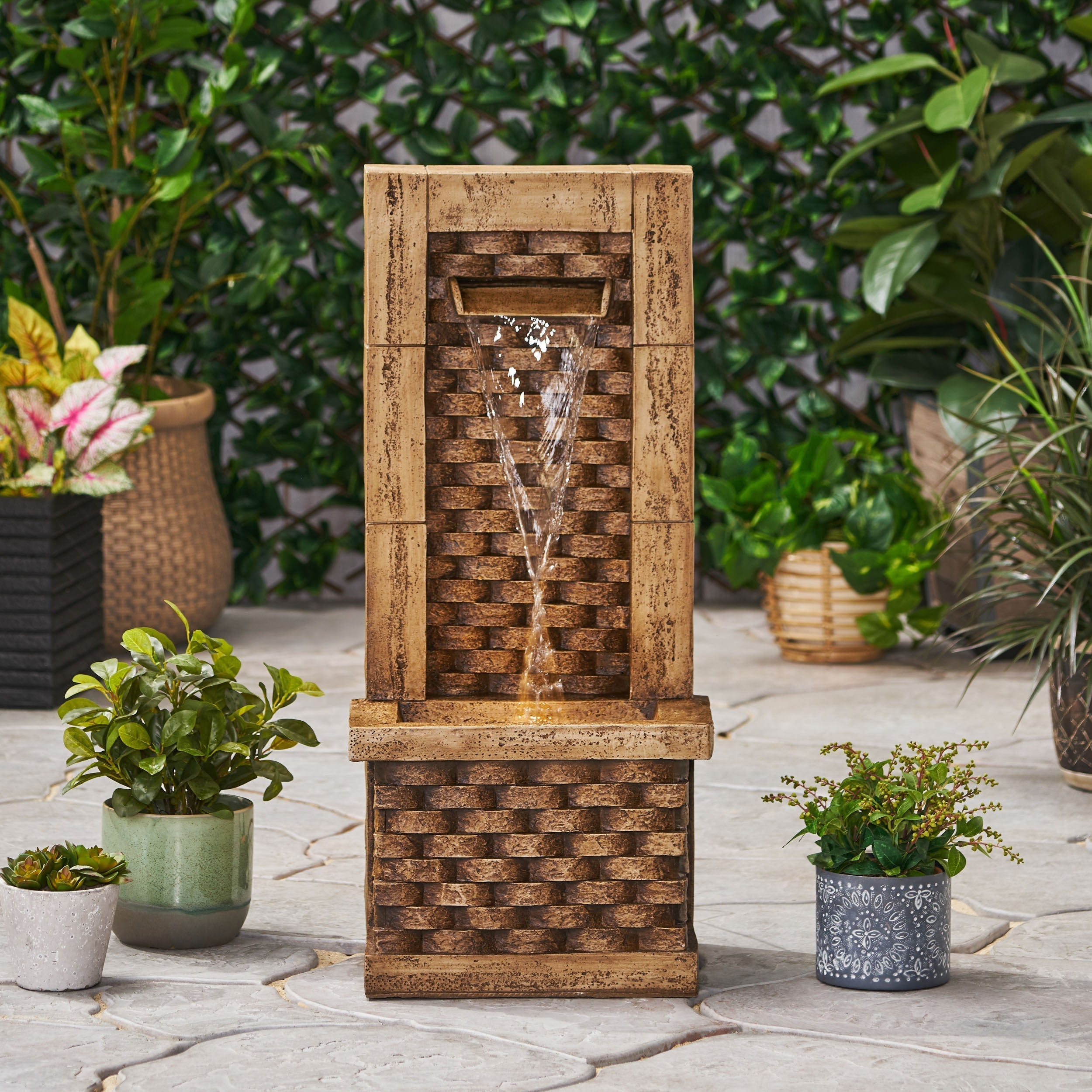 35.25' High Hand Crafted Weather Resistant Floor Fountain with Light Light Brown