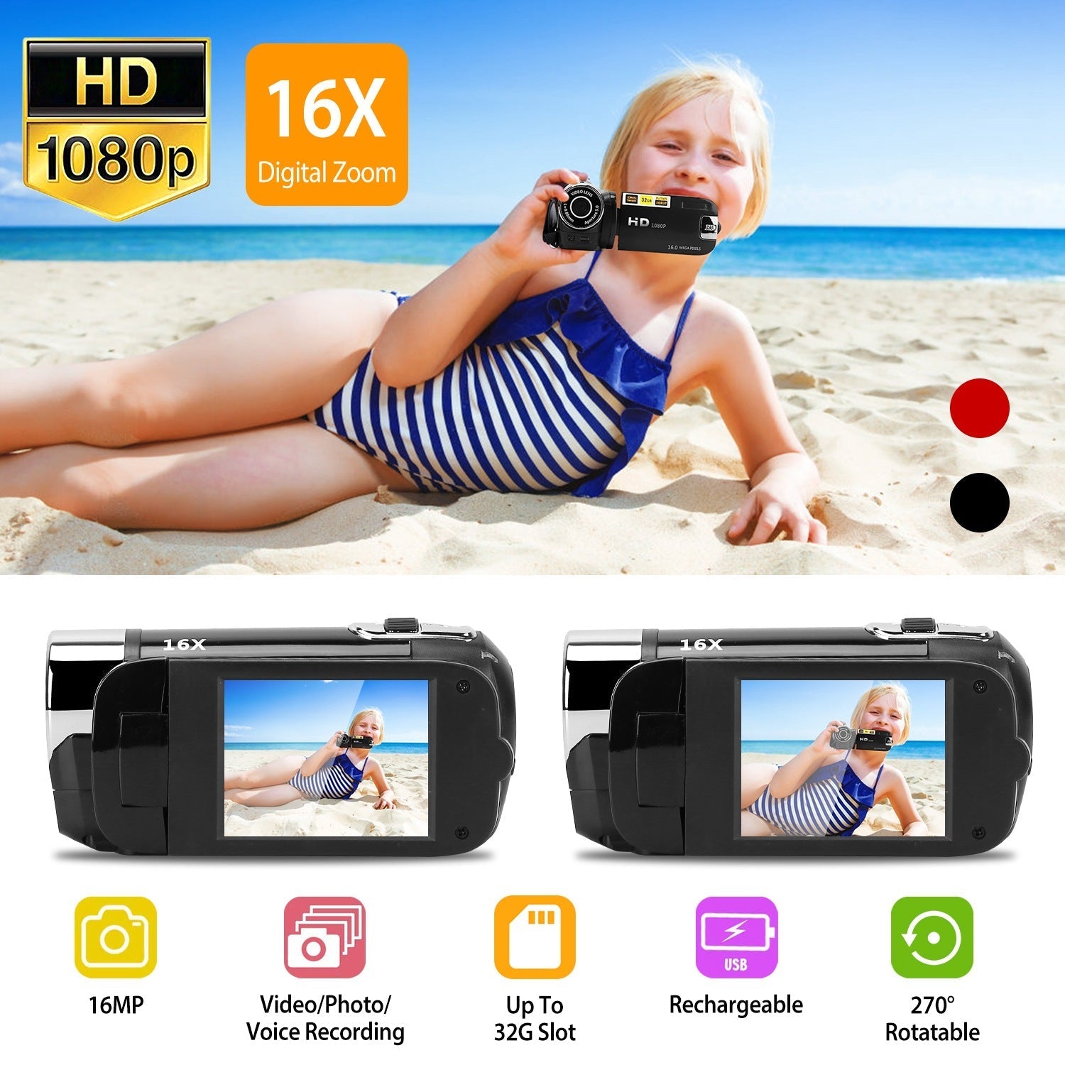 Black-Red Options - 1Pc HD 1080P Digital Video Camcorder 2.7in 16X