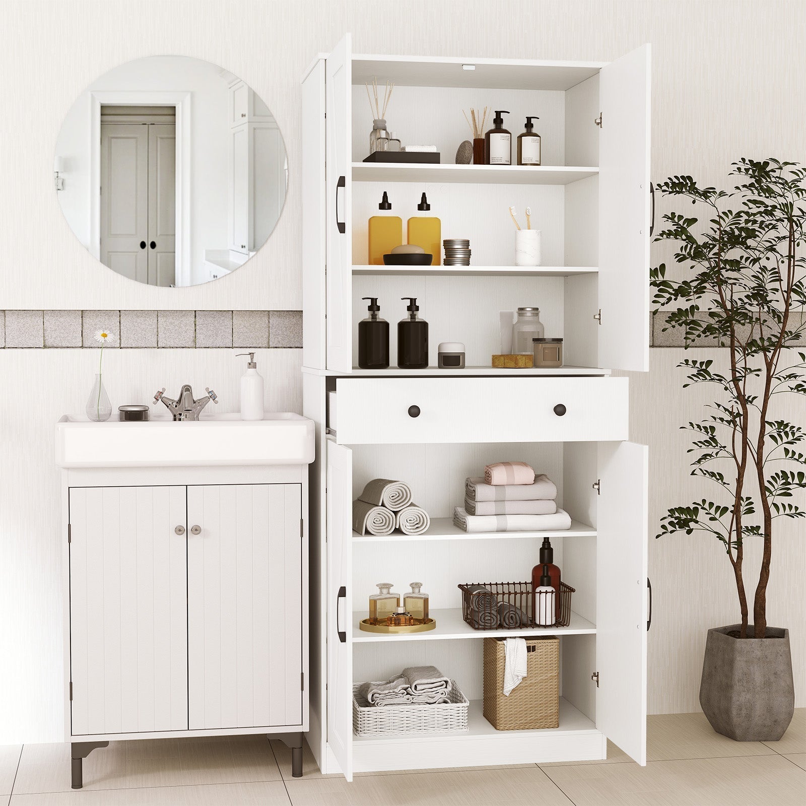 72 Inch Tall Modern Farmhouse Cupboard Cabinet with 4 Barn Doors-White