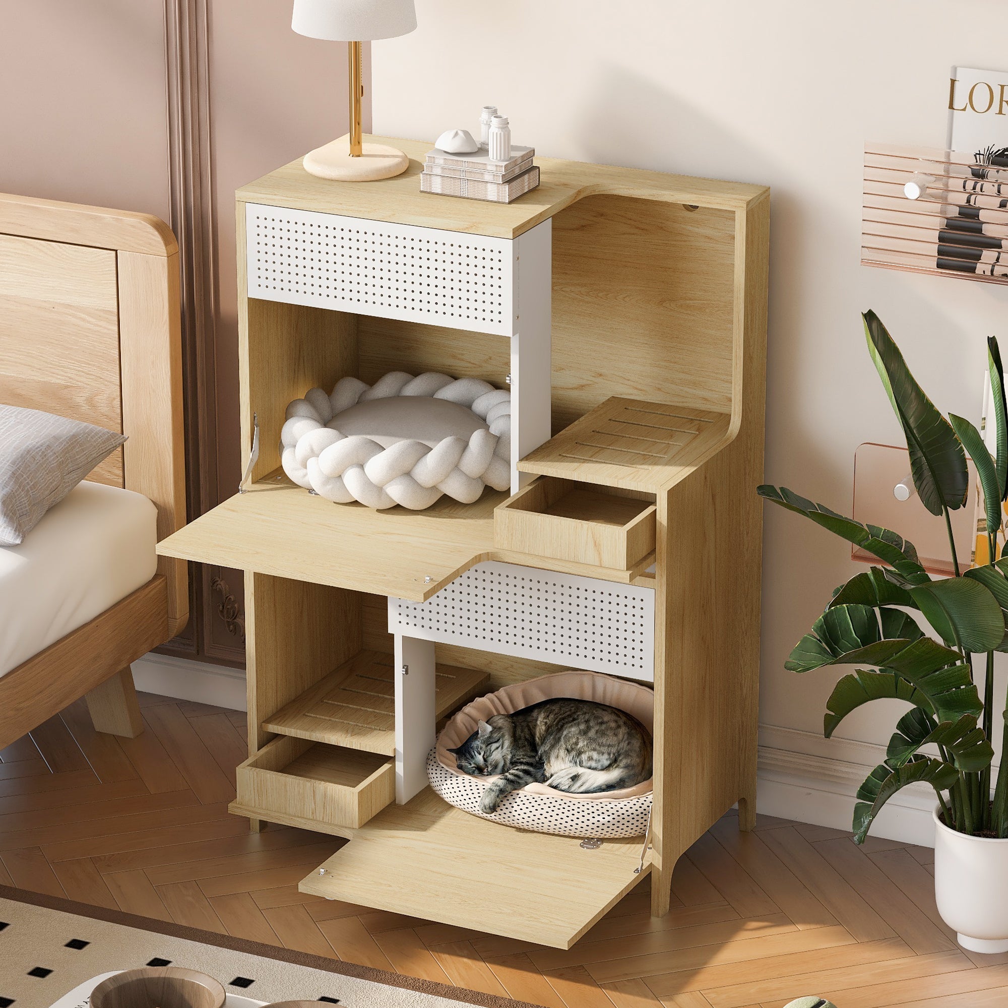Furniture Style Multi-Use Natural Cat Litter Box House with Flip-Down Door