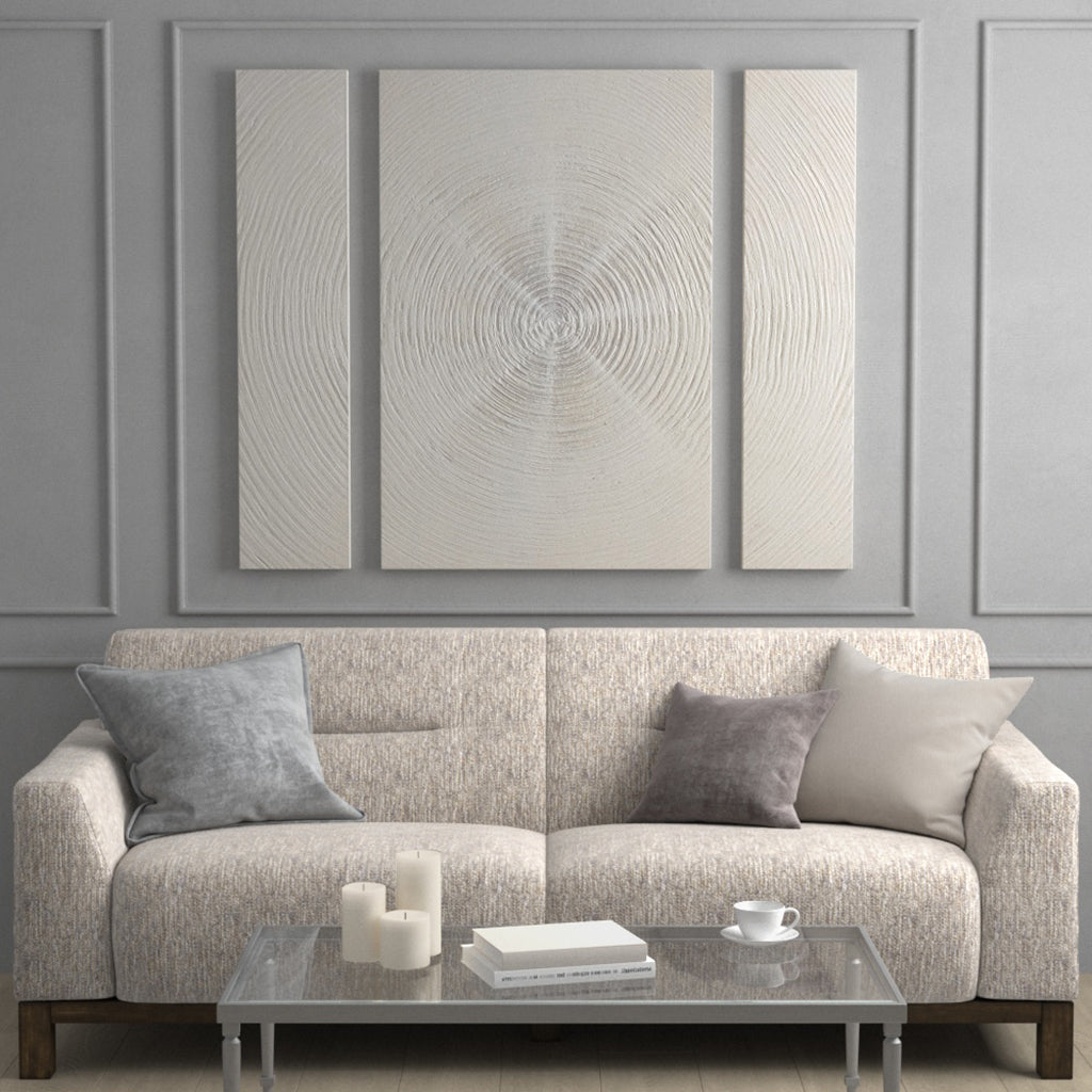Silver Sand Spiral™ — Hand-Embellished Abstract 3-Piece Canvas Triptych