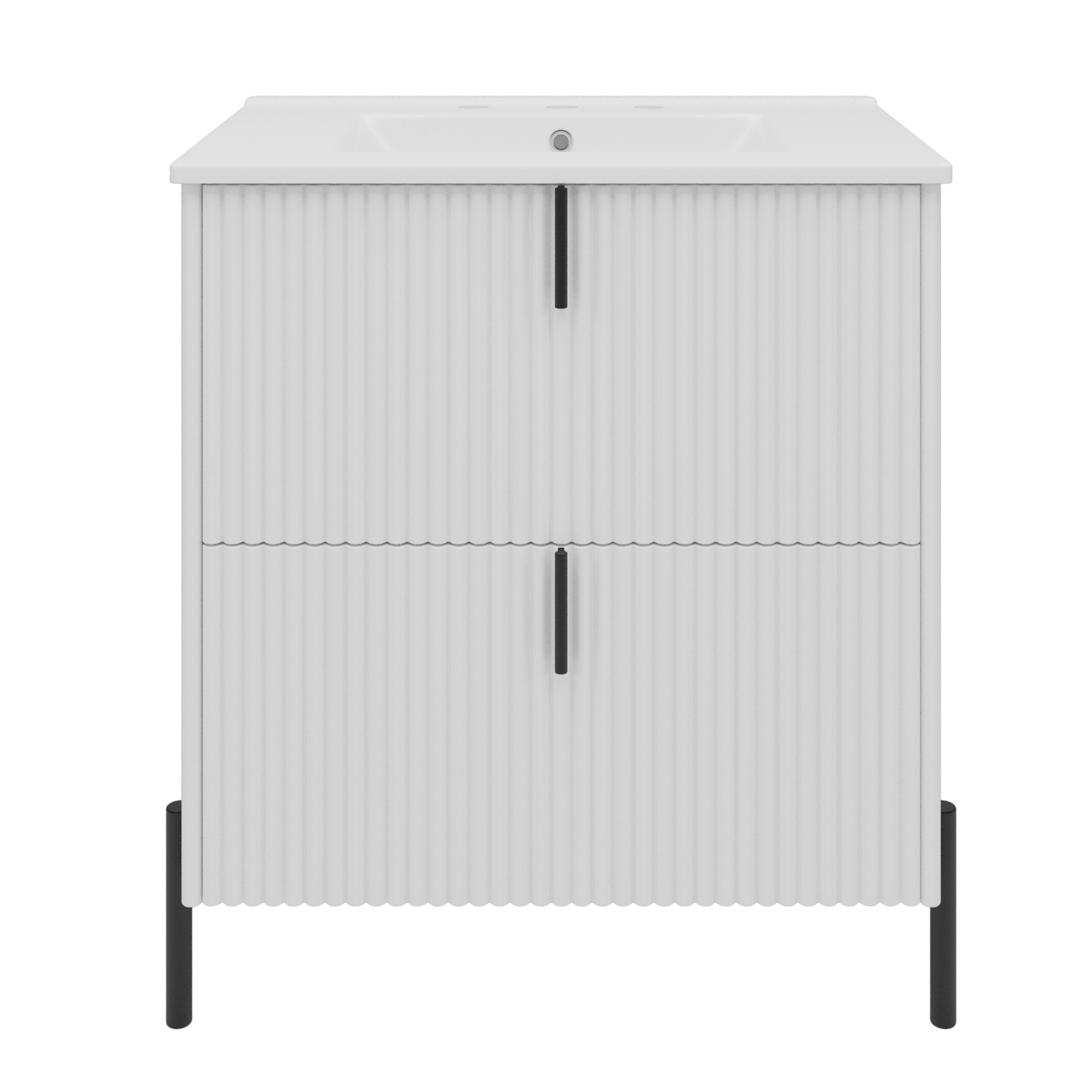 White Fluted Bathroom Vanity with Ceramic Sink and Soft Close Drawers