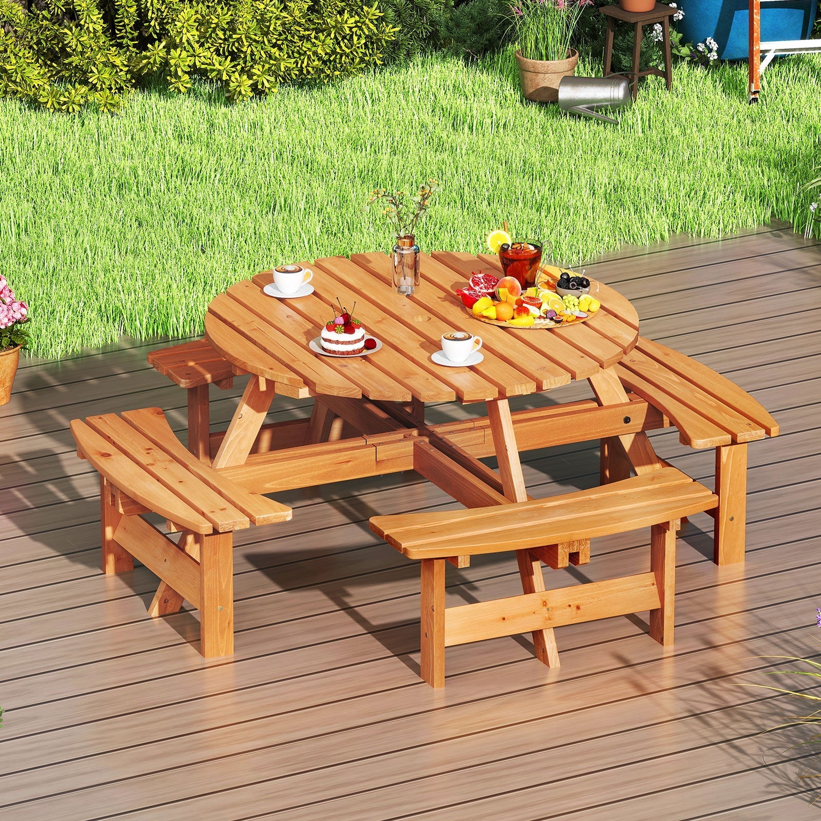 8-Person Round Picnic Table Set Circular Patio Dining Camping Table with Benches-Yellow