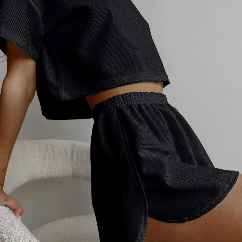 2pcs Casual Hollow Suit With Short-sleeved Crop Top And Elastic Slit