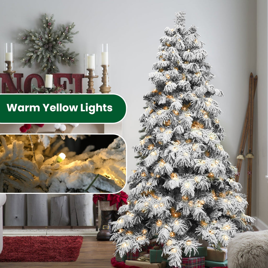 5FT 6FT 7FT 8FT Prelit Flocked Christmas Tree With Light, Snowy Pine