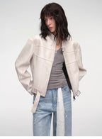 Retro Sheepskin Stand Collar Short Motorcycle Jacket “Caramel