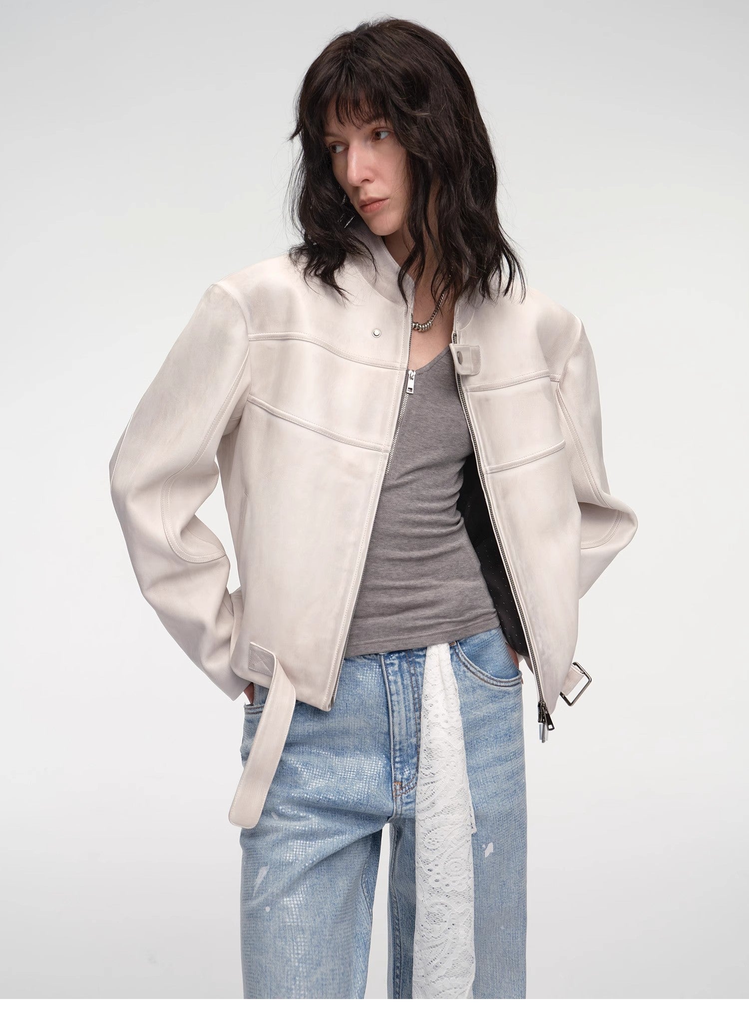Retro Sheepskin Stand Collar Short Motorcycle Jacket “Caramel
