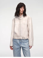 Retro Sheepskin Stand Collar Short Motorcycle Jacket “Caramel