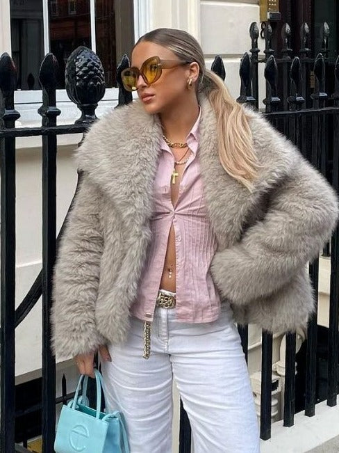 Winter Plush Coat Fashion Warm Thicken Fluffy Lapel Jacket Outwear