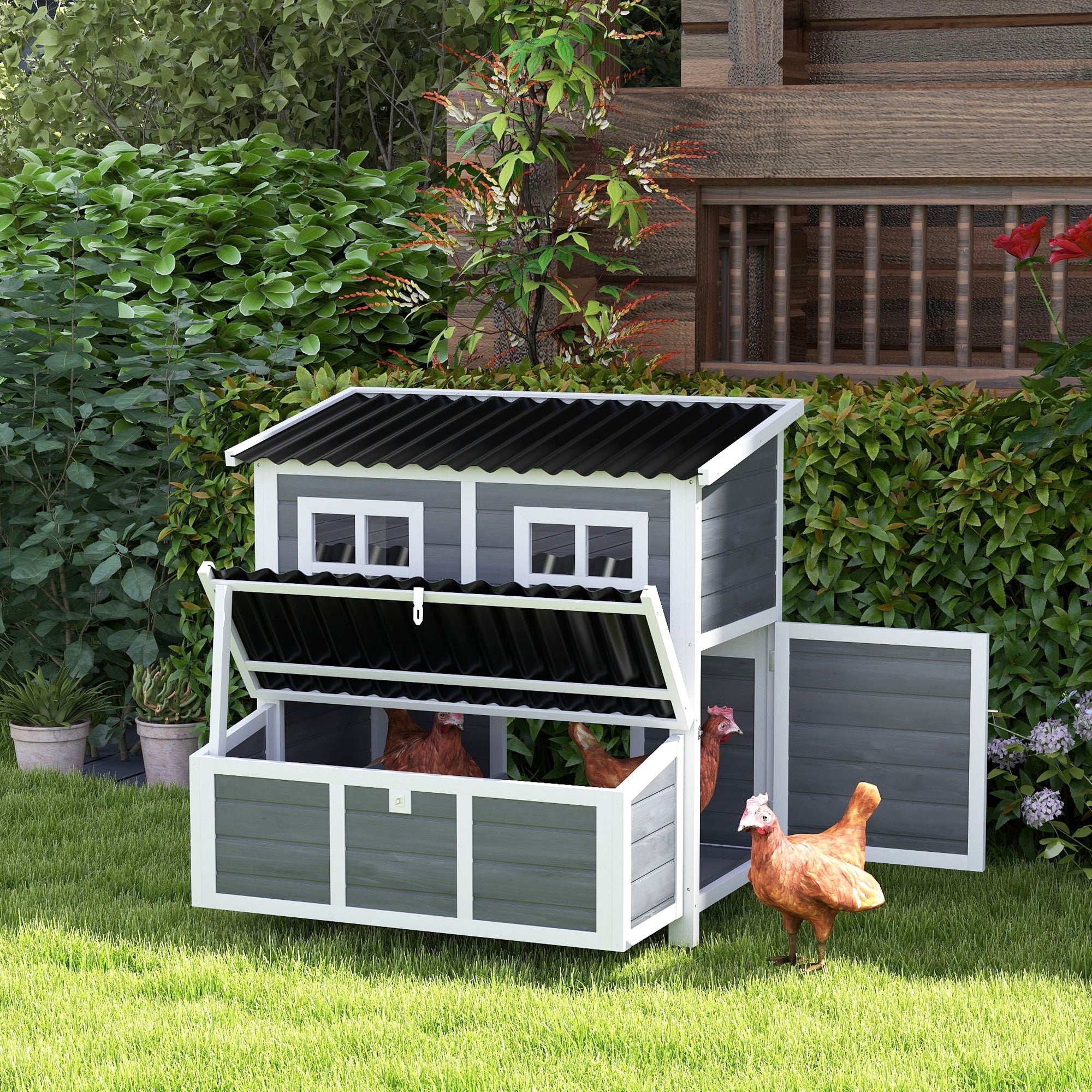 Wooden Chicken Coop With Nesting Box, Pull-Out Tray, Waterproof Roof,