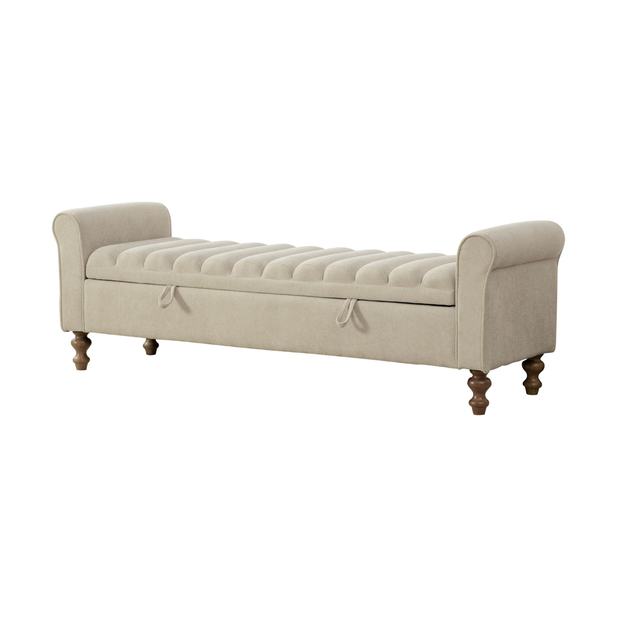 Wide Upholstered Storage Bench With Rolled Armrest Griege