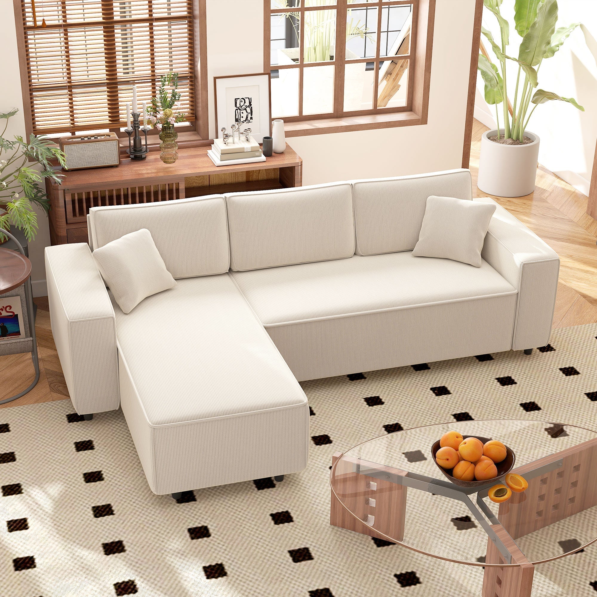 Corner Sofa With Reversible Chaise Lounge, Corduroy L-Shaped Sectional