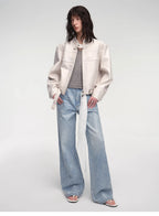 Retro Sheepskin Stand Collar Short Motorcycle Jacket “Caramel