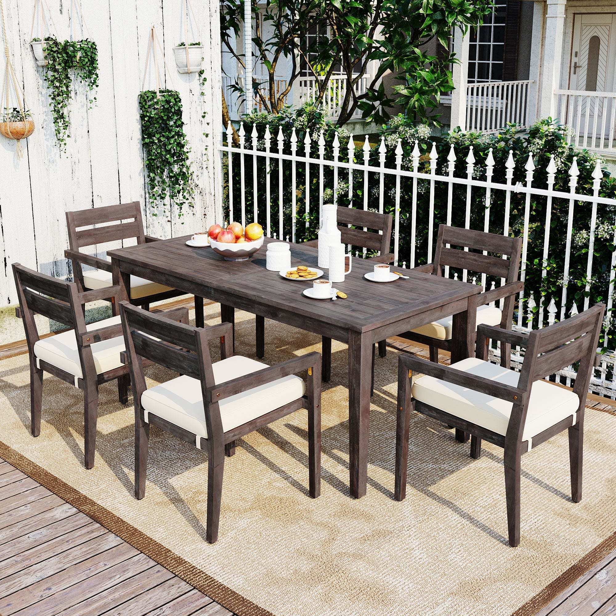 7 Pieces Acacia Wood Outdoor Dining Set with Cushions