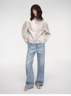 Retro Sheepskin Stand Collar Short Motorcycle Jacket “Caramel