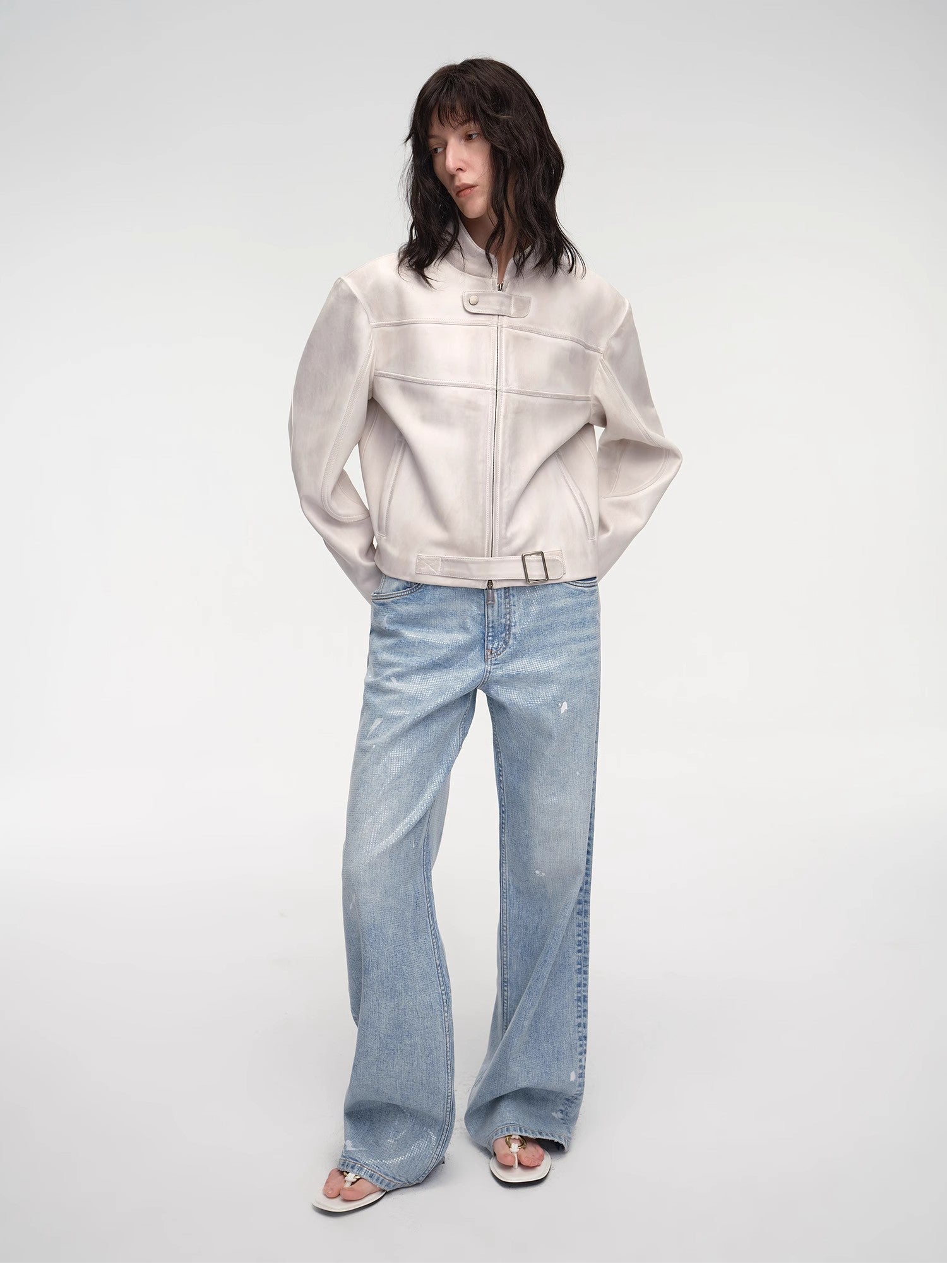 Retro Sheepskin Stand Collar Short Motorcycle Jacket “Caramel