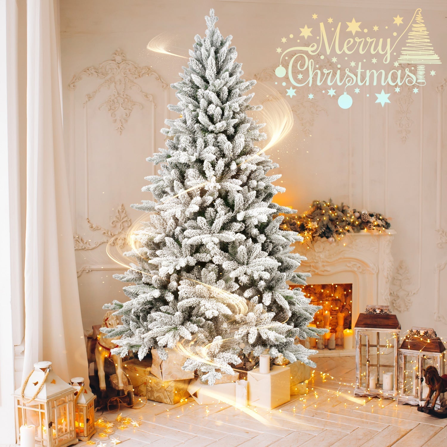 7ft Flocked Christmas Tree with 1514 Tips Realistic Snowy Hinged Tree