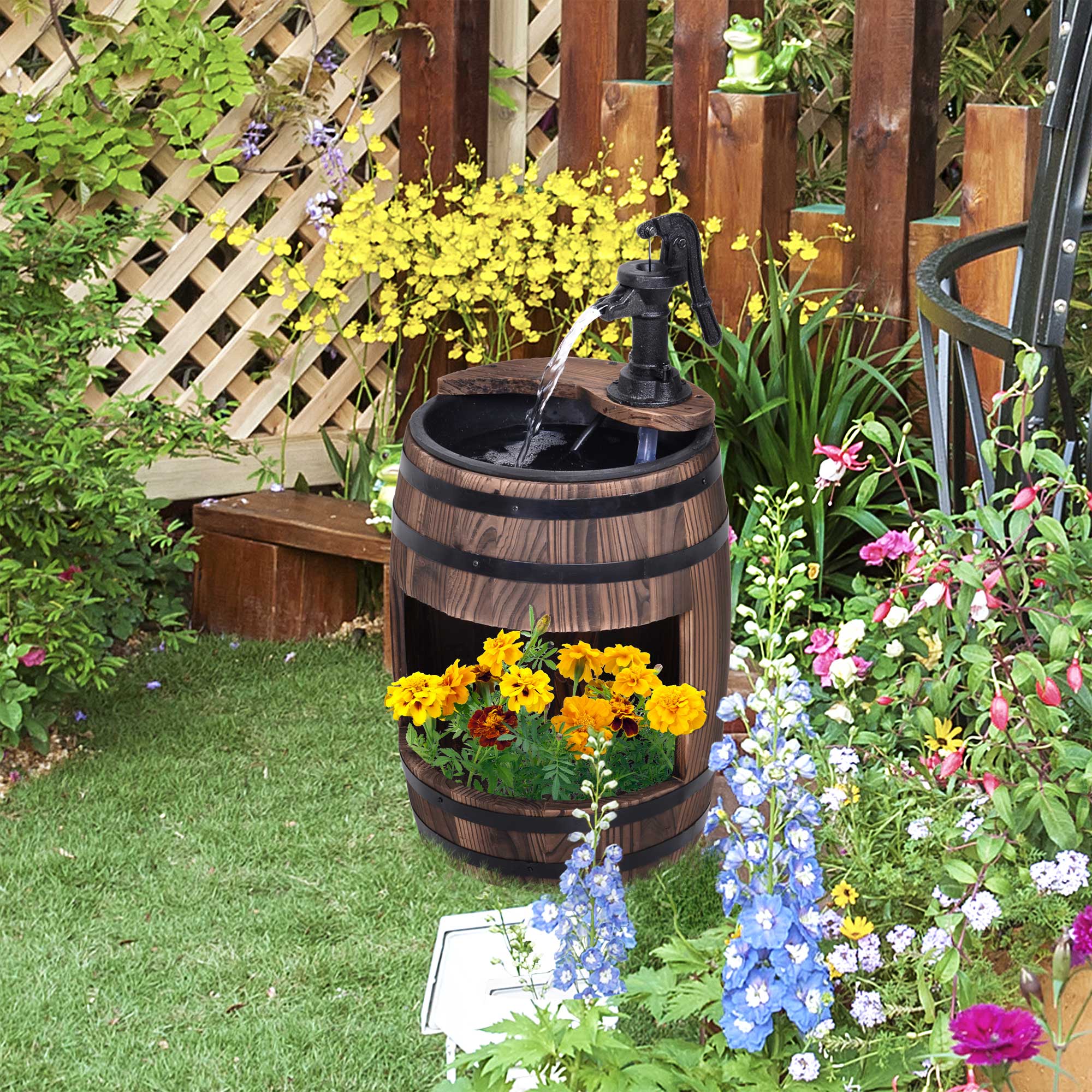 23" H Outdoor Water Fountain Wood and Plastic Rustic Apple Barrel Pump