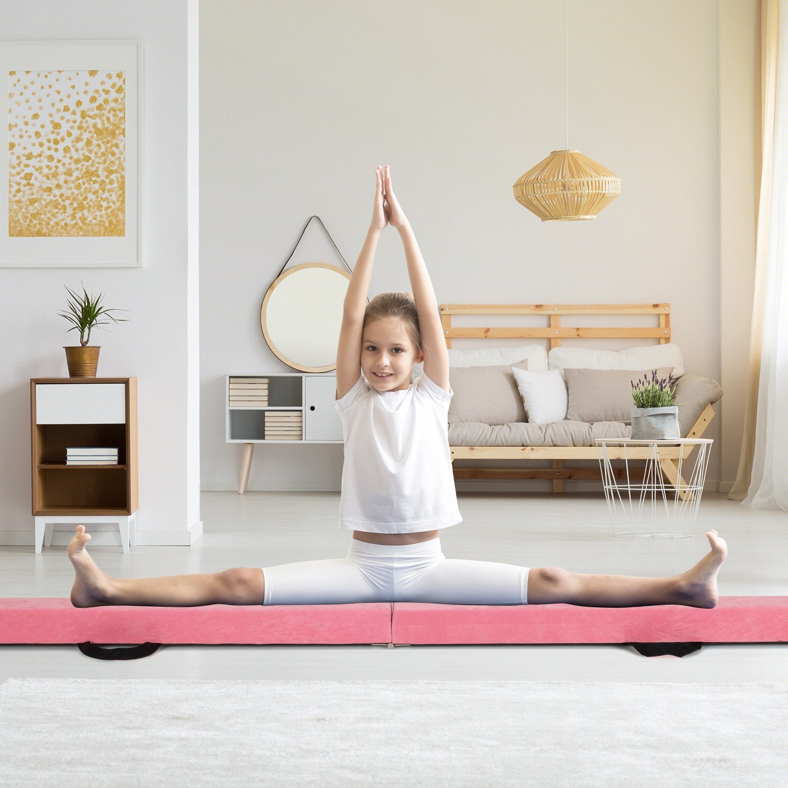 9 FT Folding Gymnastics Balance Beam with Anti-slip Base and Pine Wood Frame-Pink