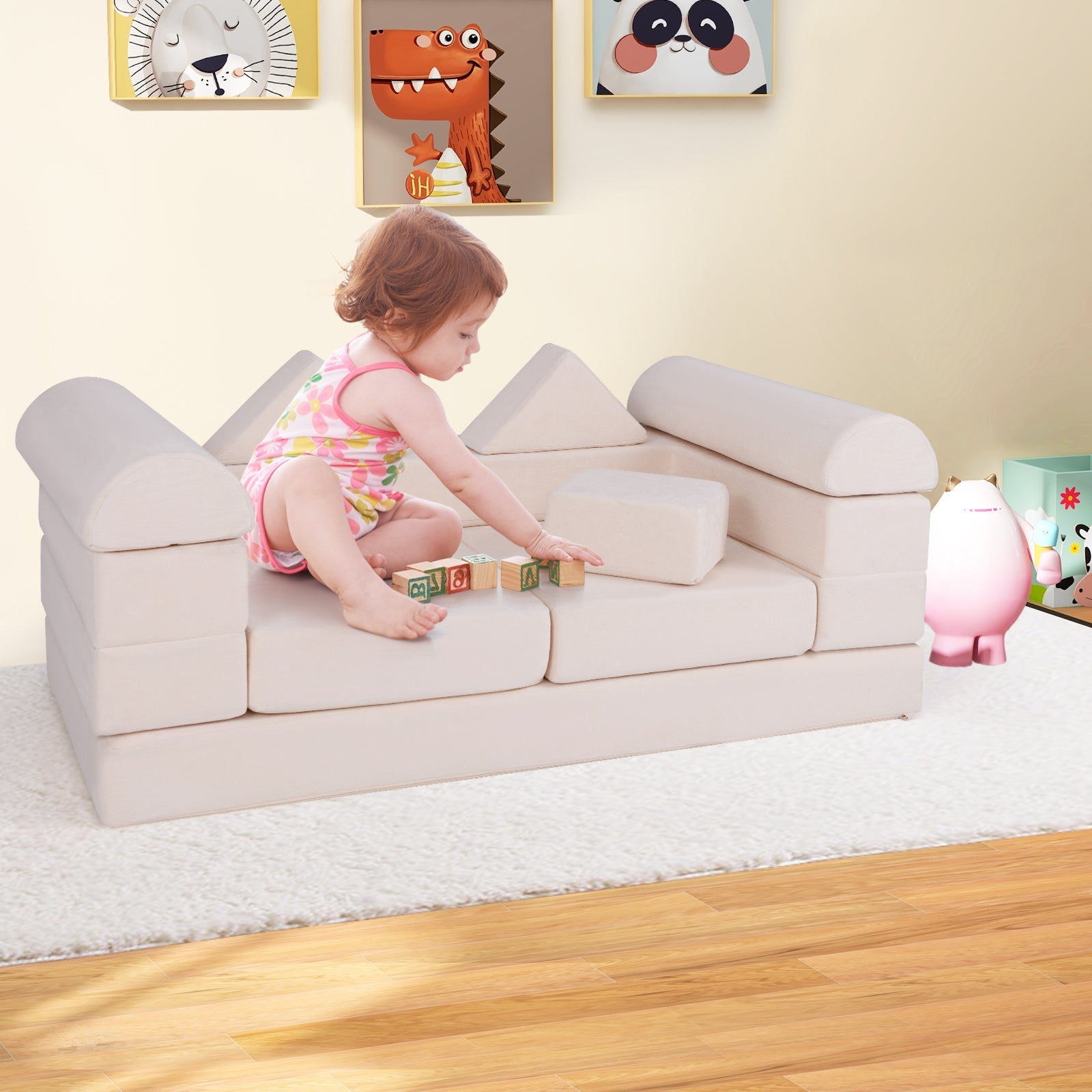 9-Piece Climb and Crawl Foam and Floor Playset with Breathable Suede Fabric-Beige