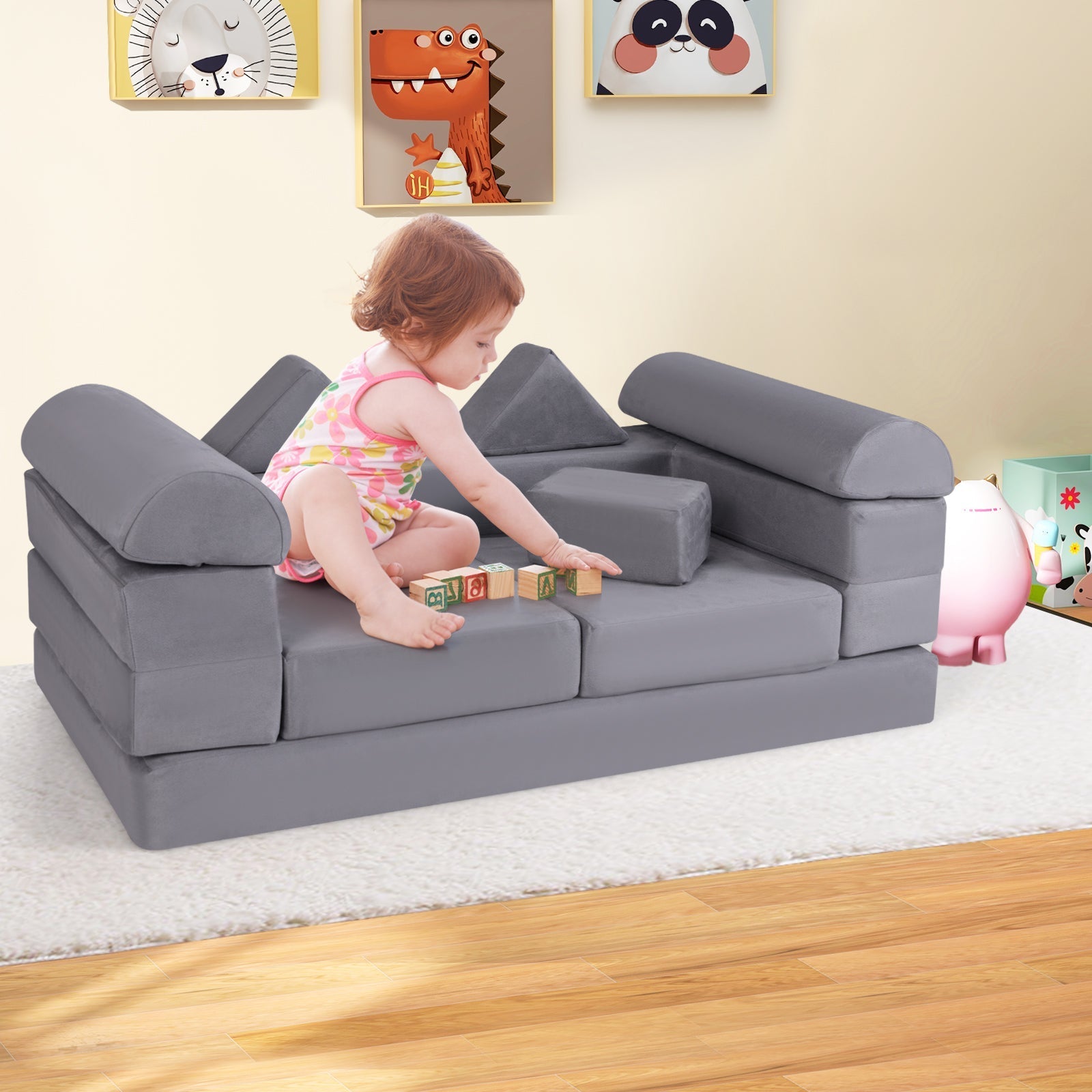 9-Piece Climb and Crawl Foam and Floor Playset with Breathable Suede Fabric-Gray