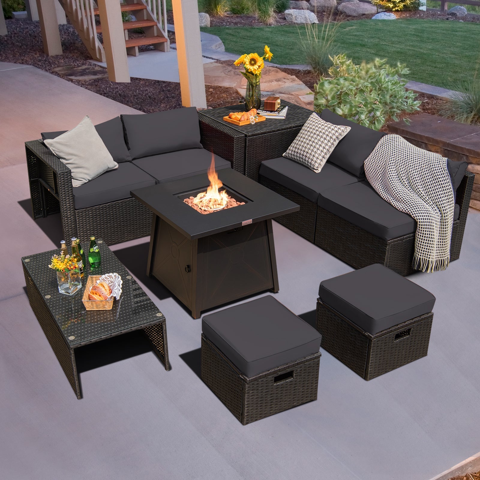 9 Piece Weatherproof Rattan Patio Conversation Set with 30 Inches Propane Fire Pit Table and Dust Covers-Gray