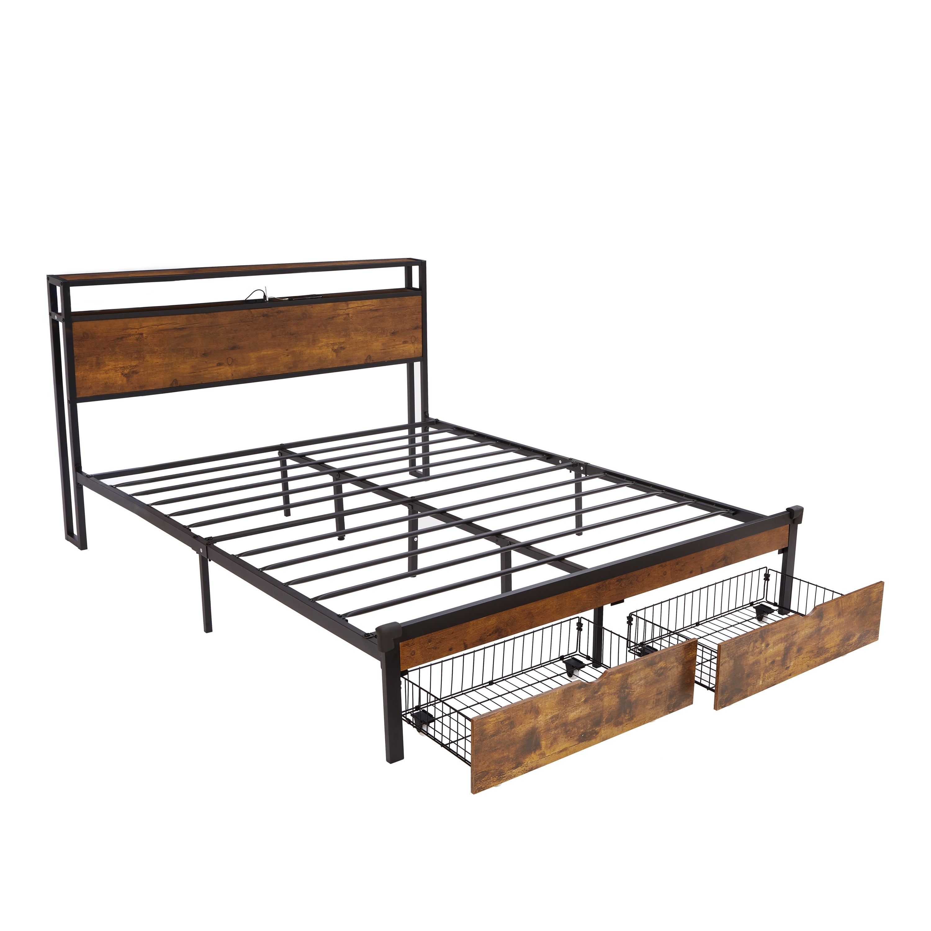 Modern King Size Metal Platform Bed Frame with Wooden Headboard