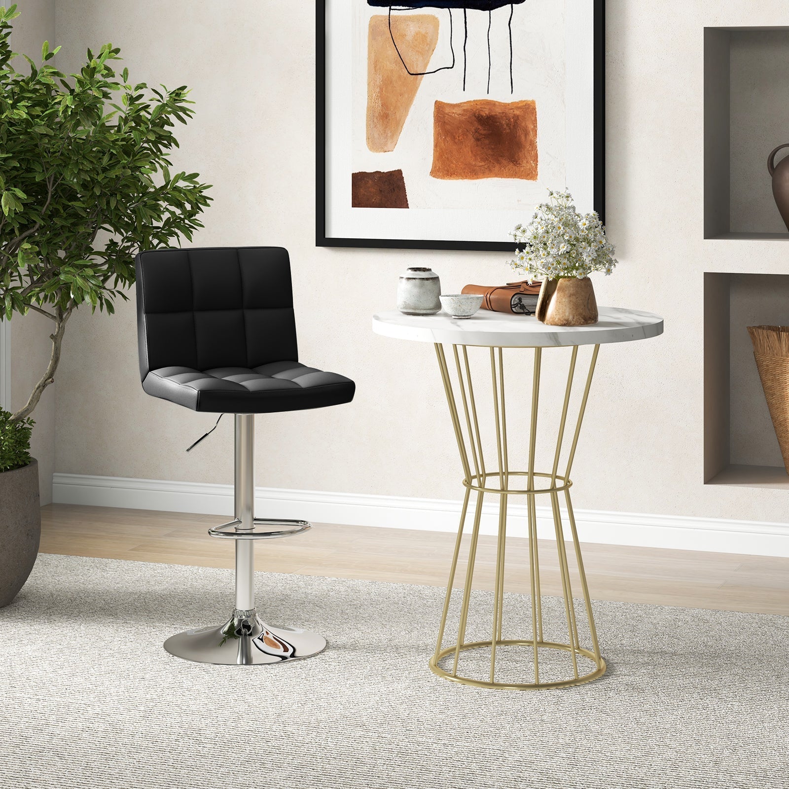 Adjustable Swivel Bar Stool with PU Leather-Black