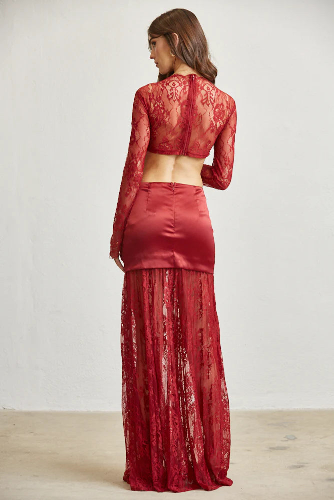 Satin & Lace Cutout Maxi Dress – Tie Front Elegance
