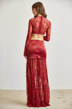 Satin & Lace Cutout Maxi Dress – Tie Front Elegance