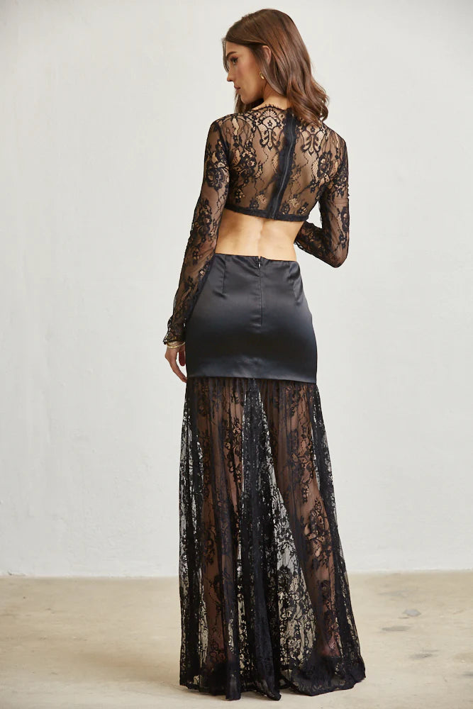 Satin & Lace Cutout Maxi Dress – Tie Front Elegance