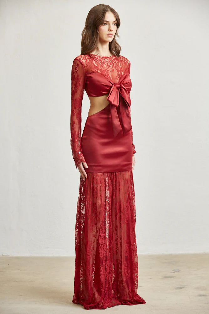 Satin & Lace Cutout Maxi Dress – Tie Front Elegance