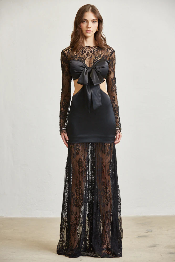 Satin & Lace Cutout Maxi Dress – Tie Front Elegance