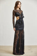Satin & Lace Cutout Maxi Dress – Tie Front Elegance