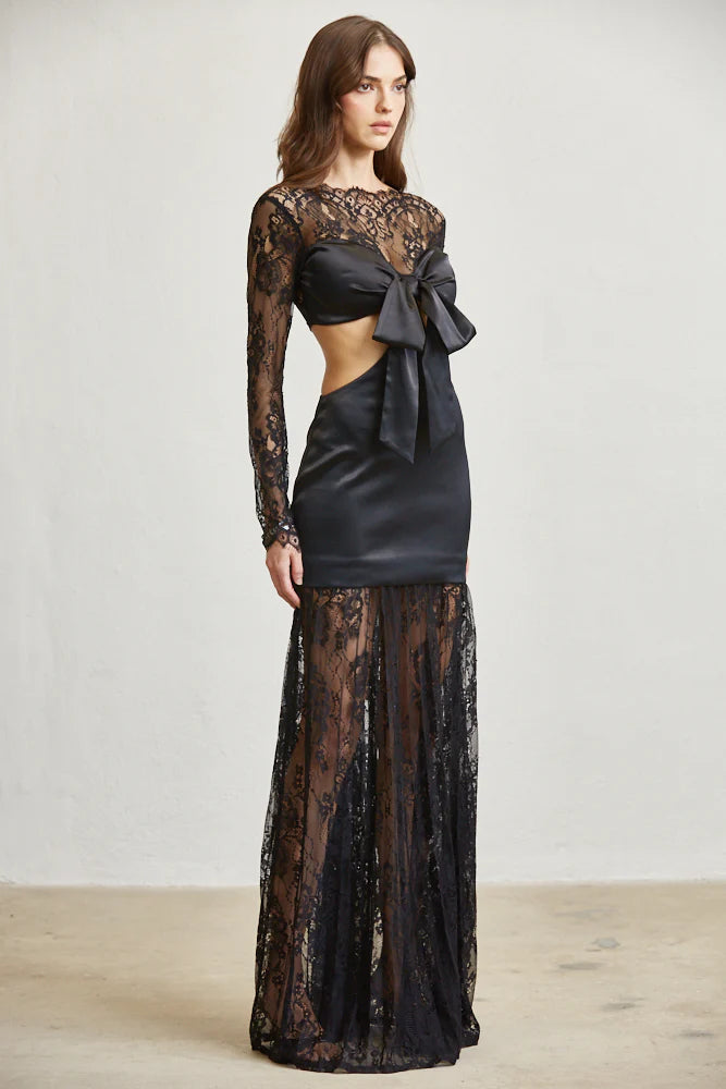 Satin & Lace Cutout Maxi Dress – Tie Front Elegance