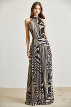 Abstract Wave Print Mesh Maxi Dress  with Open Back