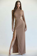 Long Sleeve Ribbed Maxi Dress with High-Neck & Cutout waist