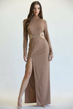 Long Sleeve Ribbed Maxi Dress with High-Neck & Cutout waist