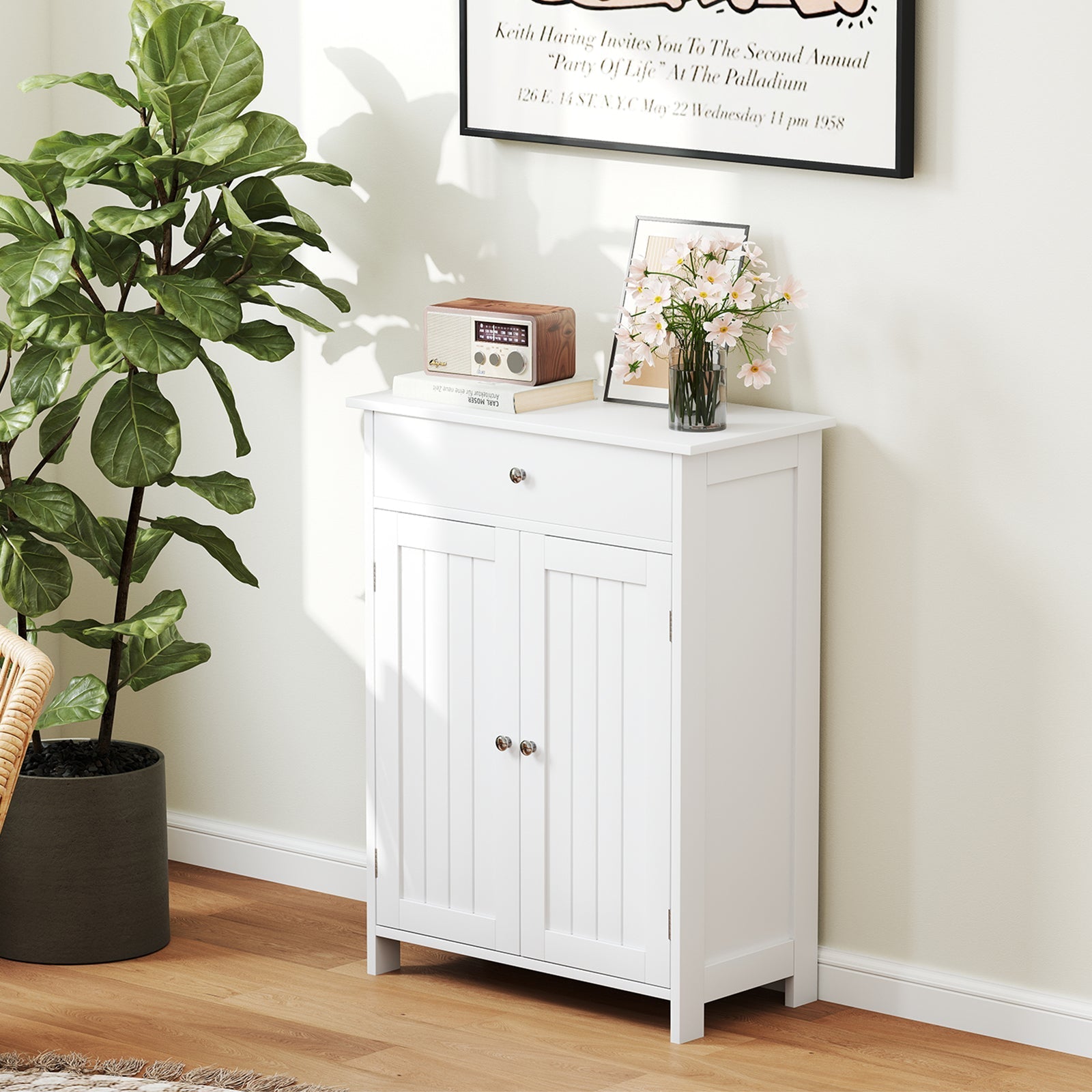 Bathroom Floor Cabinet Freestanding Storage Organizer with 2 Doors-White