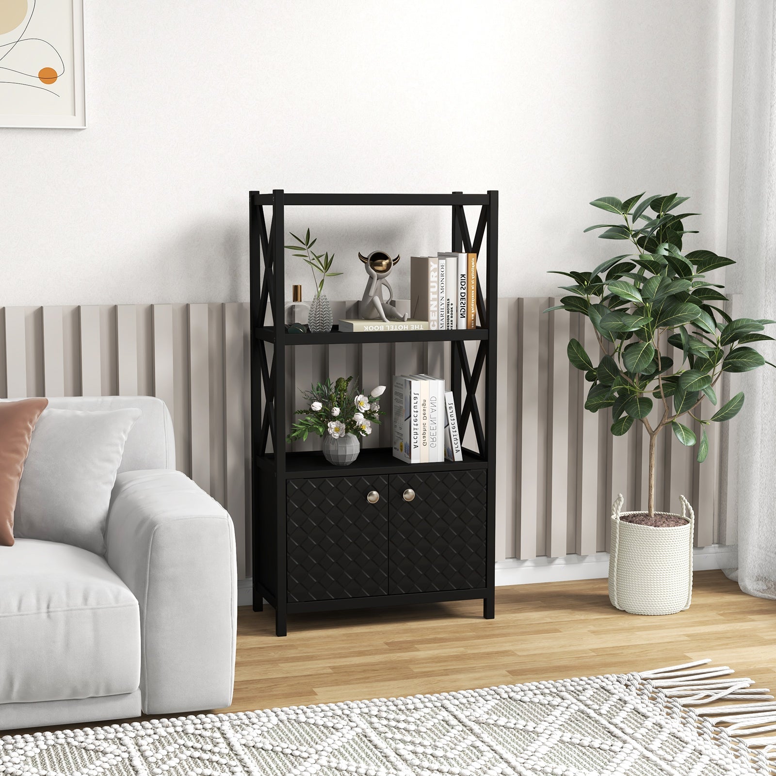 Bathroom Storage Cabinet with Open Shelves and Double Doors-Black