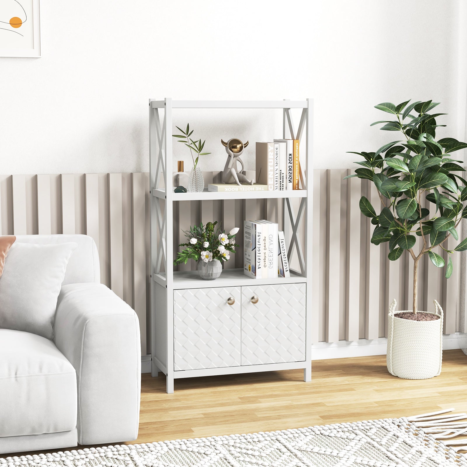 Bathroom Storage Cabinet with Open Shelves and Double Doors-White