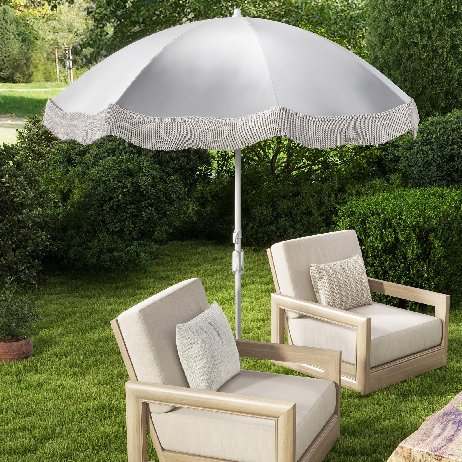 6.5 FT Beach Umbrella with Fringe Outdoor Tassel Umbrella with Push Button Tilt-White