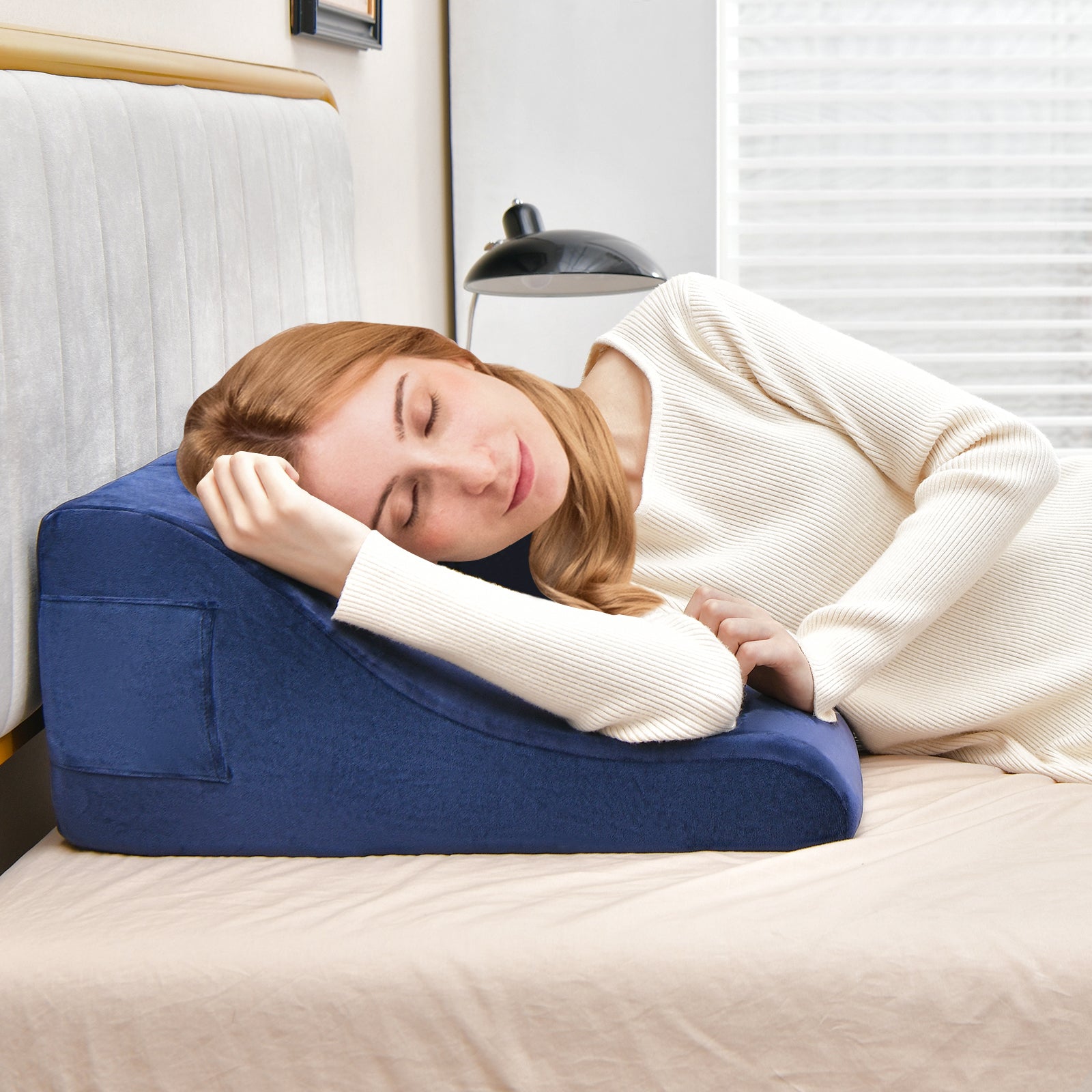 Bed Wedge Pillow with Tablet Pillow Stand and Side Pockets-Navy