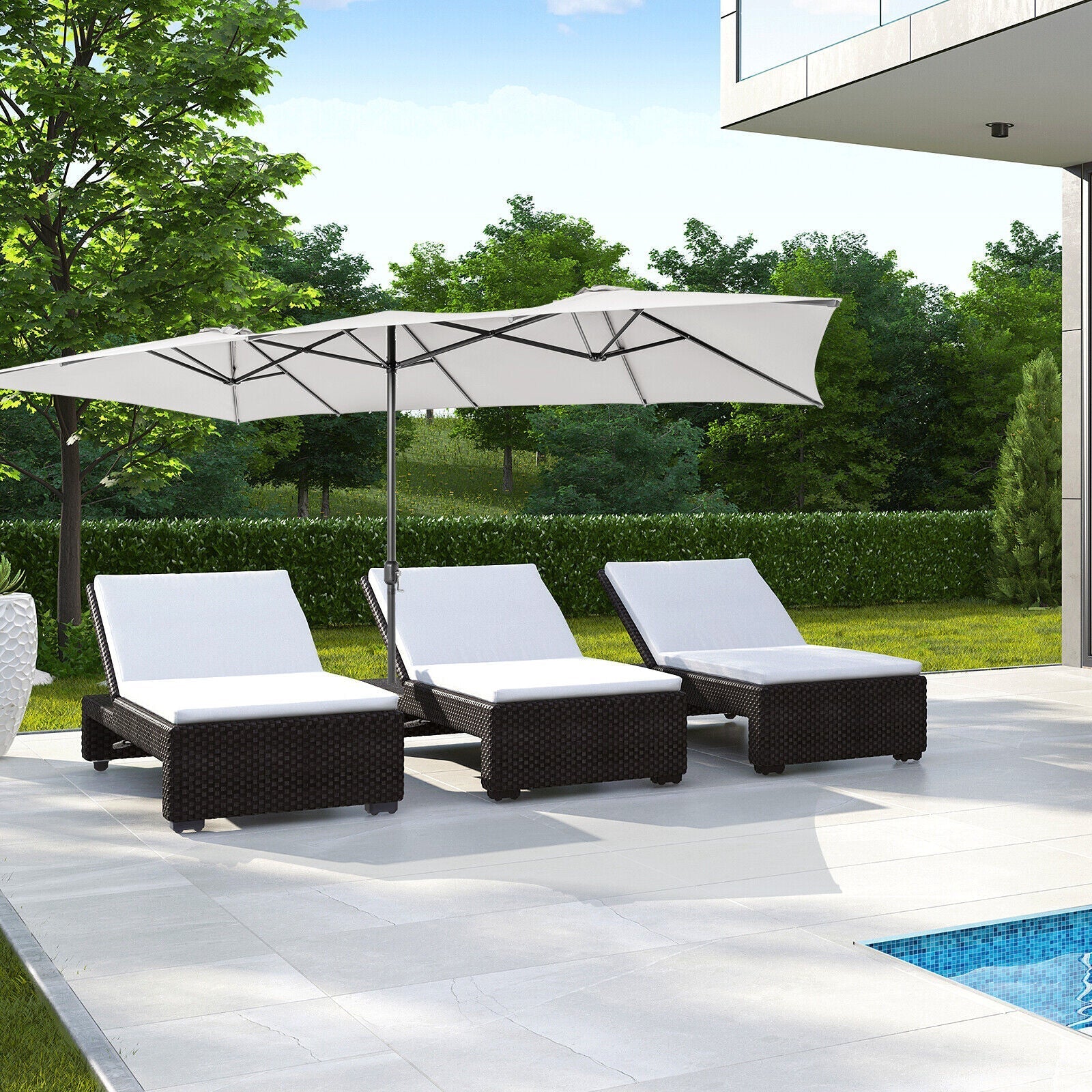 15 Feet Double-Sized Patio Umbrella with Crank Handle and Vented Tops-Beige