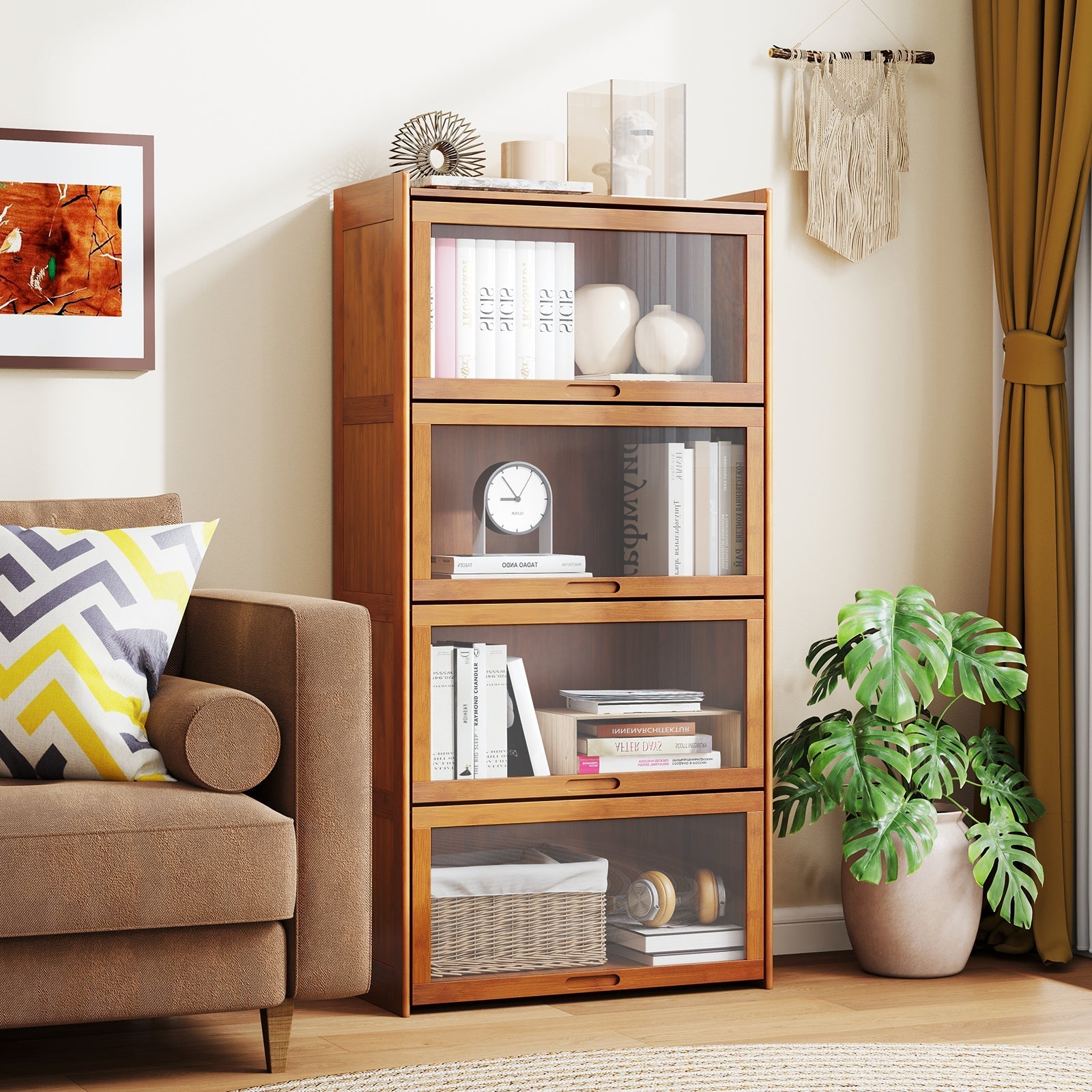 4-Tier Bamboo Bookcase with Doors for Study Room Living Room-Brown