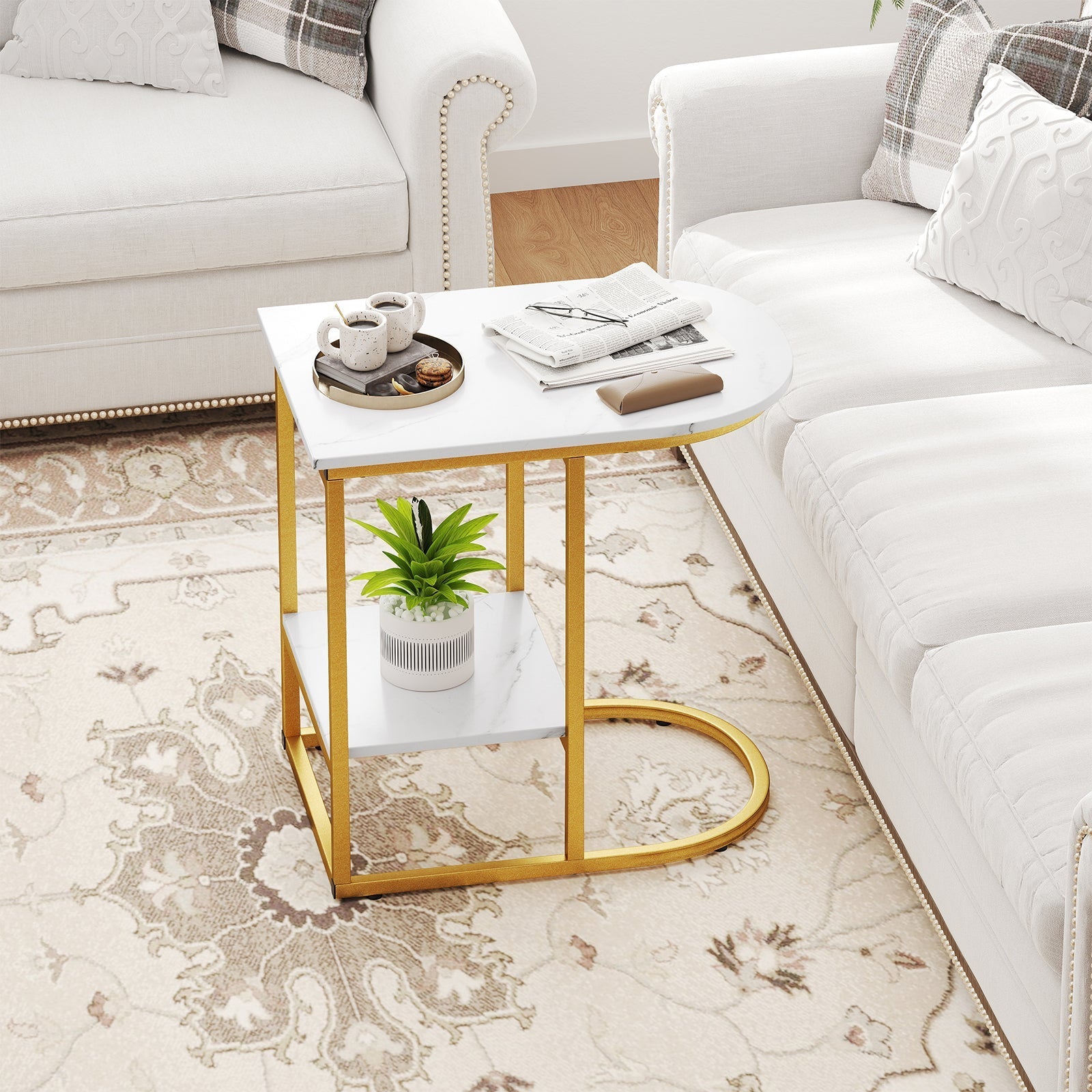 C-shaped Modern Sofa Side Table with Faux Marble Tabletop and Storage Shelf-White