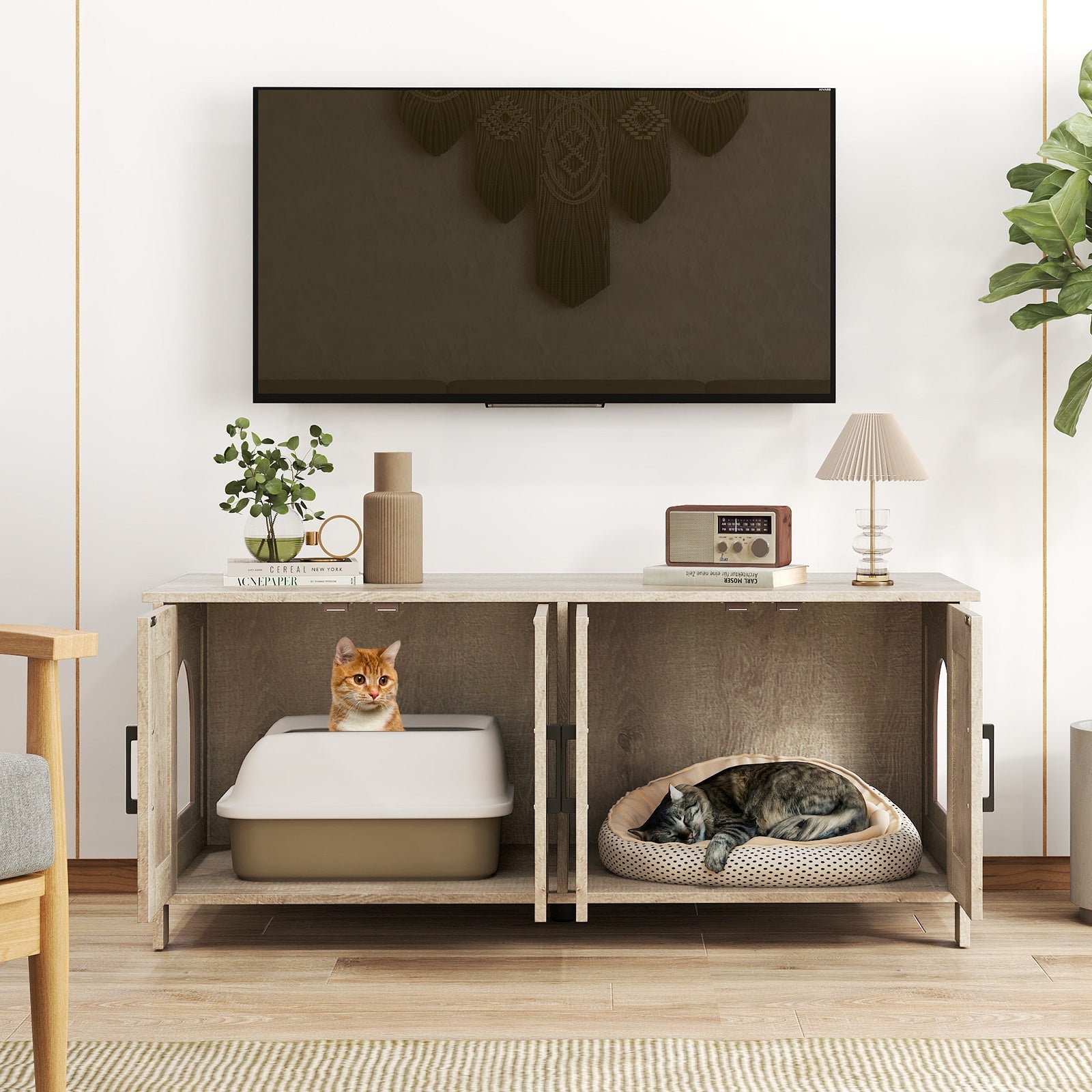 Cat Litter Box Enclosure for 2 Cats Modern Kitty Litter Box Furniture Hidden-Oak
