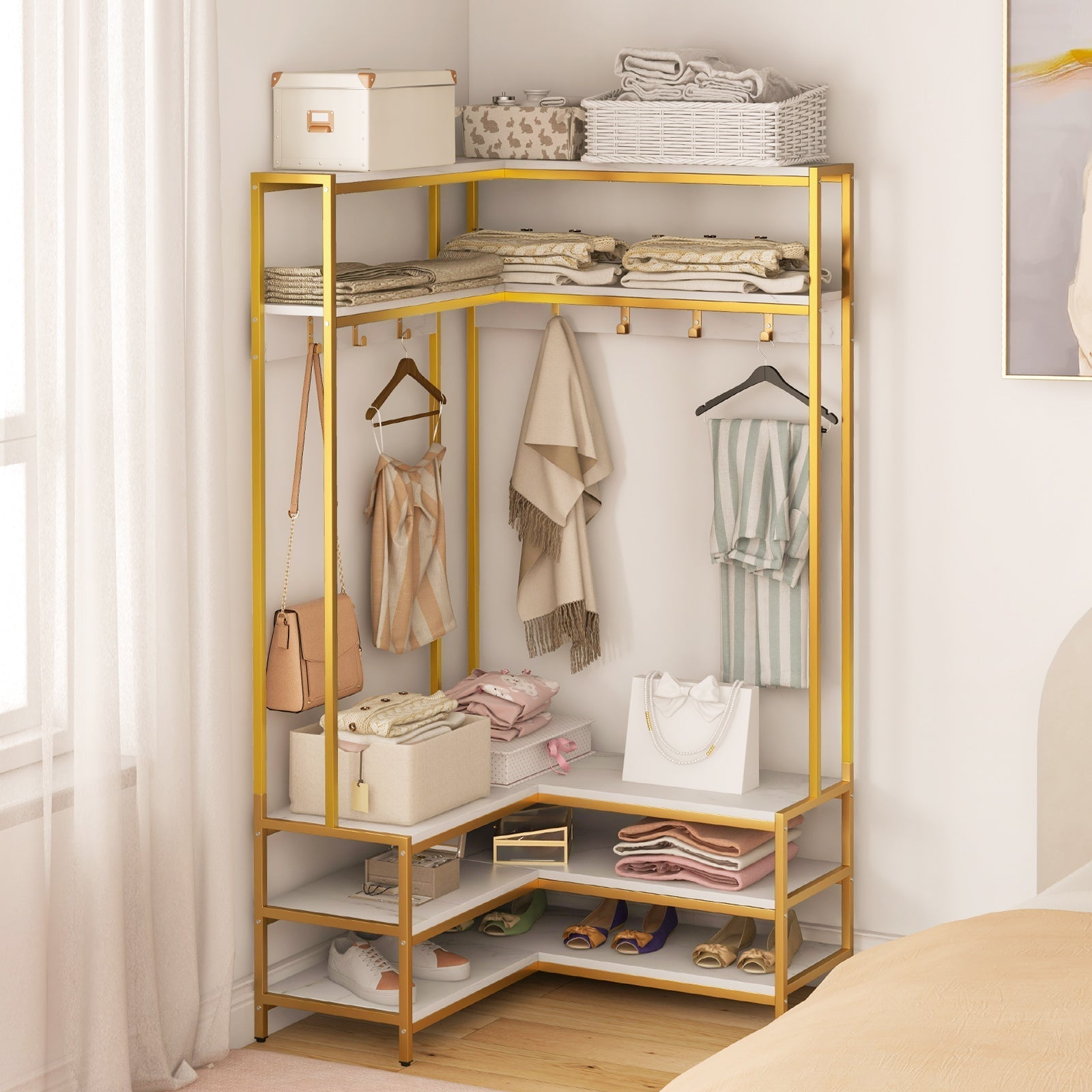 Corner Garment Rack with Open Shelves and 7 Hooks Shoe Bench-White