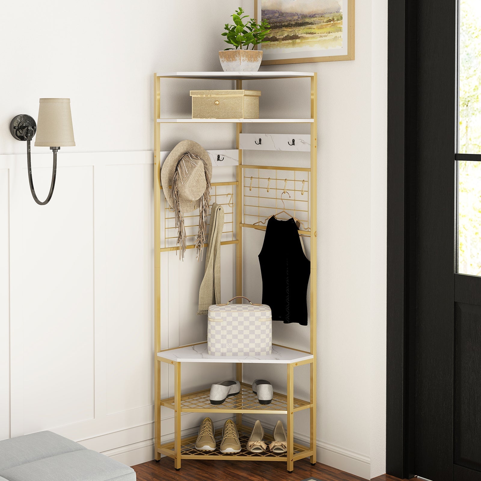 5-Tier Corner Hall Tree with Shoe Storage Bench-White