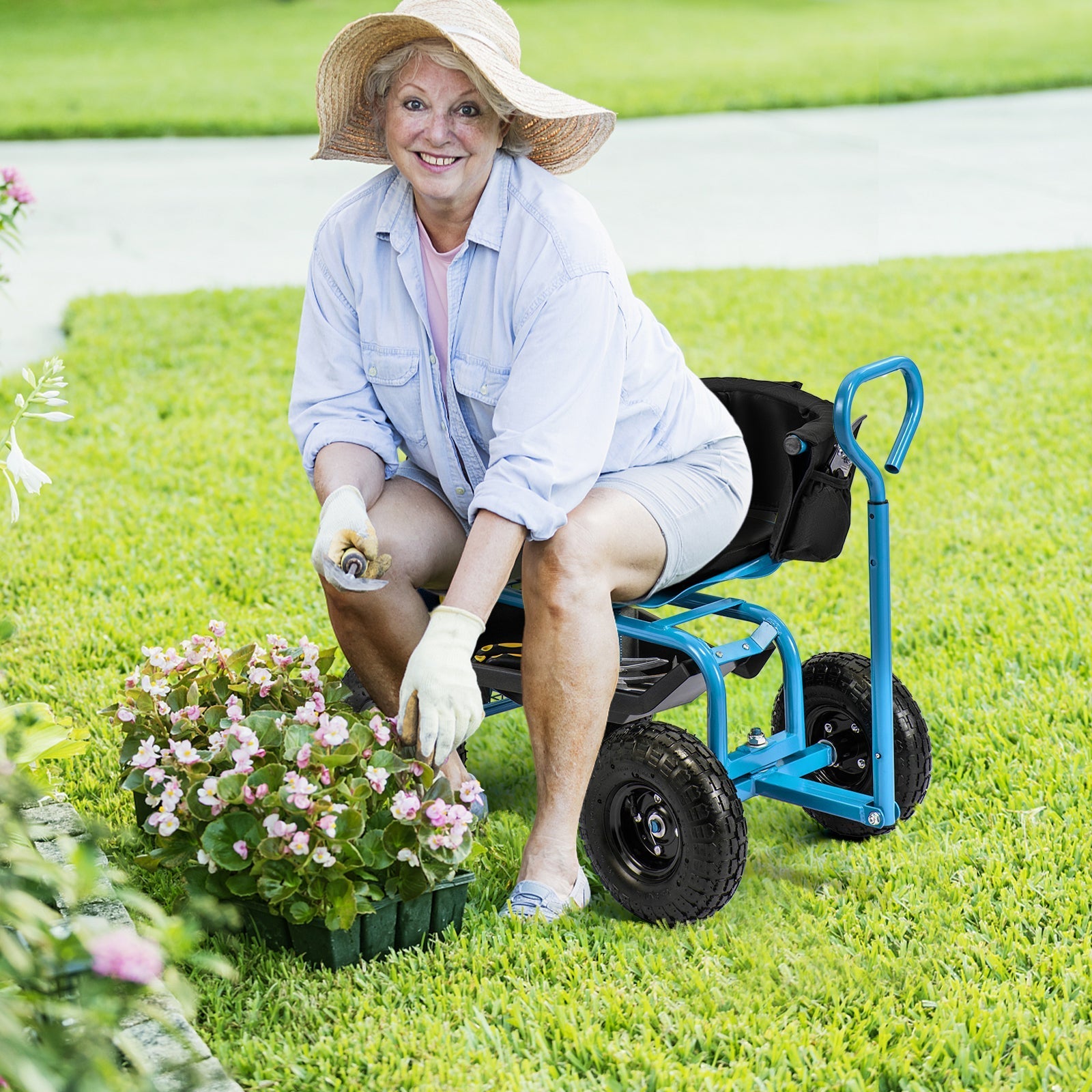 Cushioned Rolling Garden Cart Scooter with Storage Basket and Tool Pouch-Blue